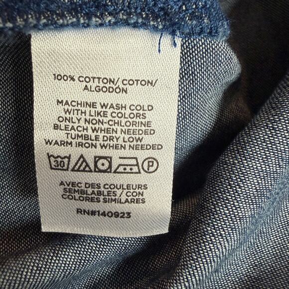 Ann Taylor LOFT Blue Denim Chambray Tie Neck Blouson Sleeve Blouse- L - Picture 5 of 8